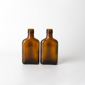 Flat Amber Small Glass Alcoholic Bottle with Screw Finish