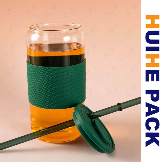 Tall Cylindrical Borosilicate Clear Glass Drink Bottle with Silicone Band