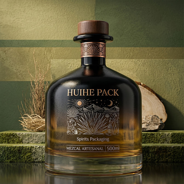 Sticlă de tequila clasică, netedă, &icirc;n formă de bulbos. Sticlă de hidromel