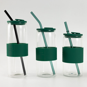 Tall Cylindrical Borosilicate Clear Glass Drink Bottle with Silicone Band