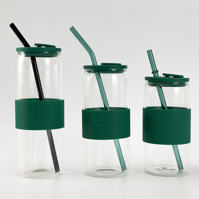Tall Cylindrical Borosilicate Clear Glass Drink Bottle with Silicone Band