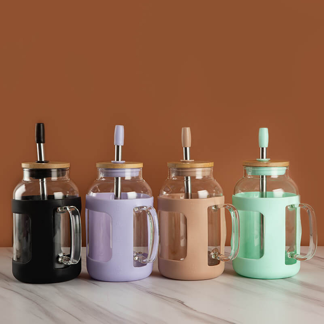 Glass Handle Water Drinking Bottle with Straw and Cap High Borosilicate 