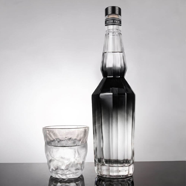 Hexagonal Angular Glass Whiskey Bottle with Long Neck